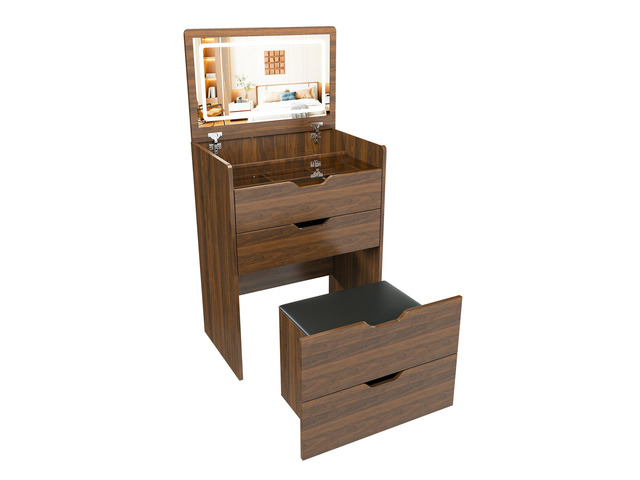 3-in-1 Vanity Desk with Lighted Mirror & Stool, Flip Top Makeup Dressing Table, Compact Storage for Bedroom, Bathroom, Dressing Room(23.62'L, Walnut)