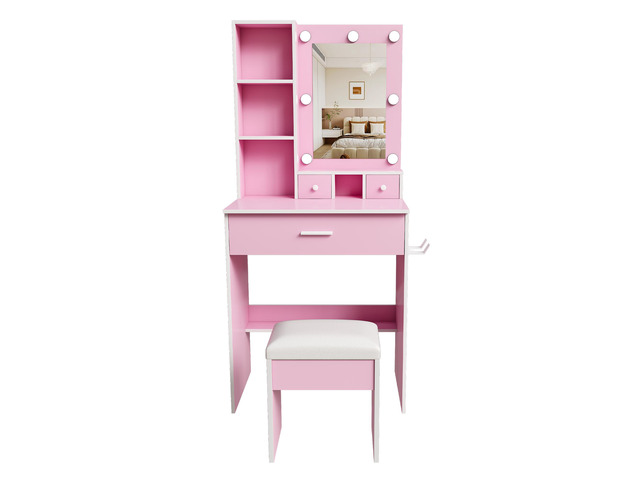 Vanity Table with Mirror & Adjustable LED Lights, Power Outlet, Hairdryer Holder & Stool Compact Dressing Desk for Small Bedrooms (Pink)