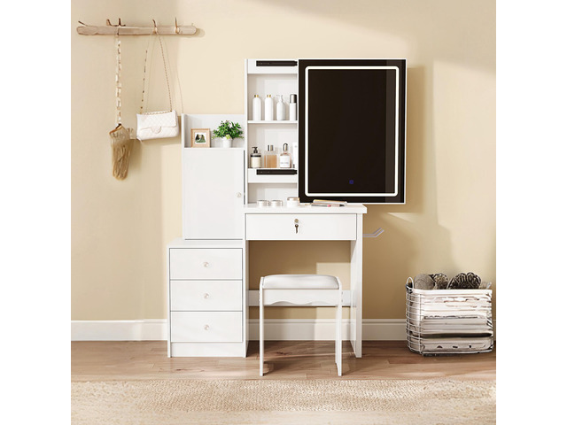 Vanity Desk Set with Sliding Lighted Mirror, Makeup Dressing Table with 4 Drawers & 9 Storage Spaces, Hidden Compartments and Cushioned Stool,...