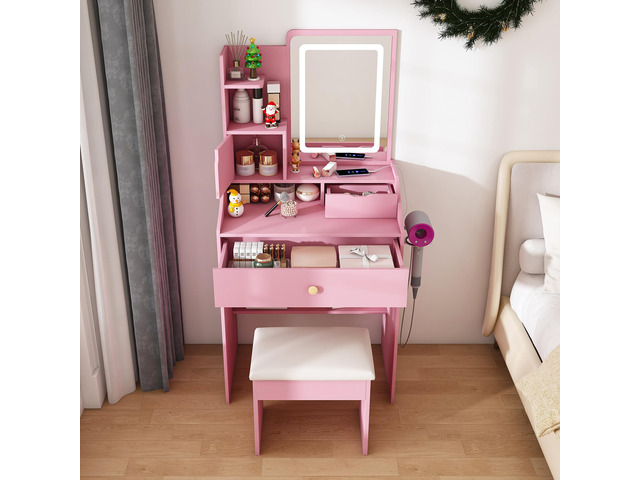 3-Color LED Vanity Mirror with Stool, Pink Dressing Table for Bedroom, 2 Drawers & 5 Storage Cabinets (4 Open + 1 Hidden), Adjustable Lighting (Pink)