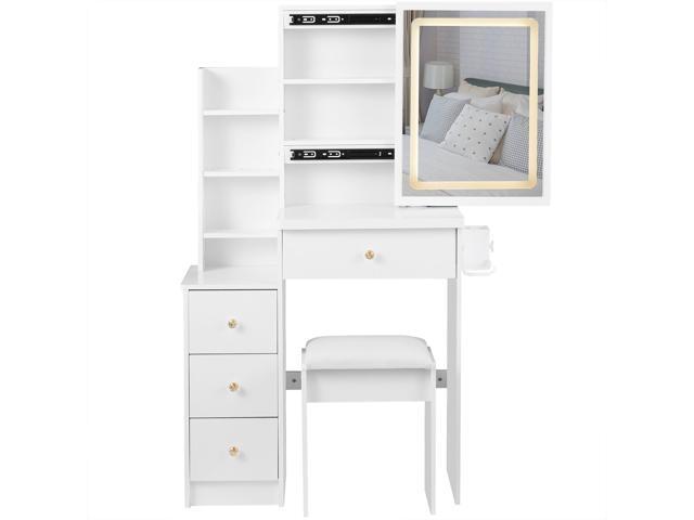 29.2' Small Size Left Bedside Cabinet Vanity Table + Cushioned Stool, 2 AC+2 USB Power Station, Hair dryer bracket, Extra Large Touch Control...