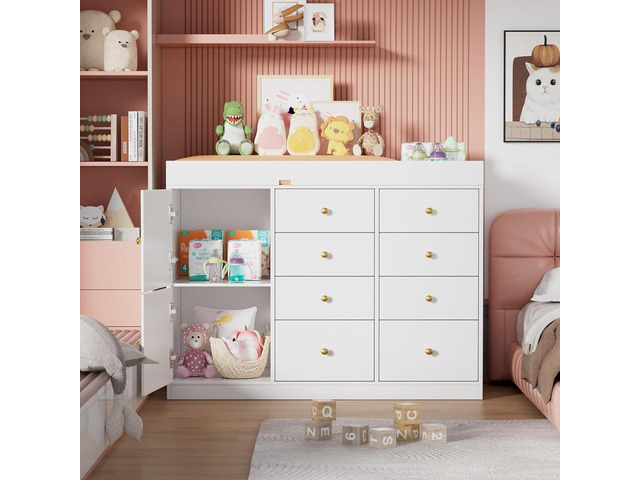 Baby Classic Nursery Dresser with 8 Drawers and 2 Cabinet, Multi-Functional Baby Changing Table, Diaper Changing Station for Children's Room