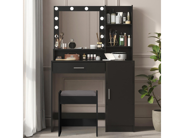 Vanity Desk with Mirror & Light, Large Drawer Three Level Storage Dresser, 3 Lighting Modes Adjustable Brightness, Bedroom Dressing Table(black)
