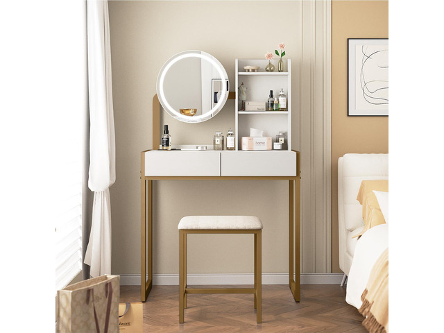Small Vanity Desk with Mirror and Lights, Makeup Vanity Table with LED Mirror, 3 Lighting Modes, Power Outlet, Drawer, Open Shelves and Cushioned...