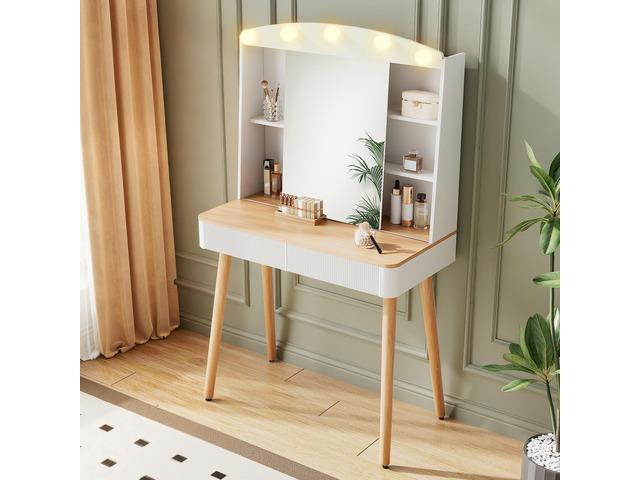 Small Vanity Desk with Mirror and Lights, Big-capacity Storage and Sliding Mirror, Vanity Set with Two Fluted Drawers, 3 Lighting Colors Makeup...