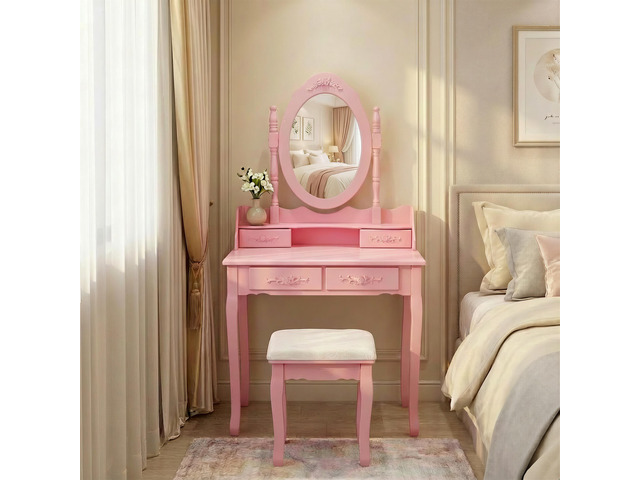 Pink Princess Vanity Desk Set with Mirror & Cushioned Stool, 4-Drawer Wooden Makeup Vanity Table for Girls' Bedroom, Dressing Table with Ample Storage