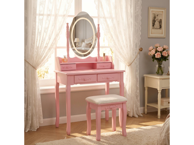 Pink Princess Vanity Desk Set with Mirror & Cushioned Stool,Light Modes,4-Drawer Wooden Makeup Vanity Table for Girls' Bedroom, Dressing Table with...