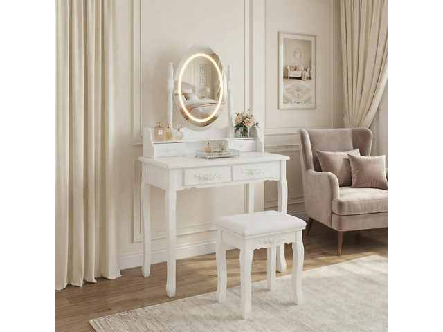 White Princess Vanity Desk Set with Mirror & Cushioned Stool,Light Modes,4-Drawer Wooden Makeup Vanity Table for Girls' Bedroom, Dressing Table...