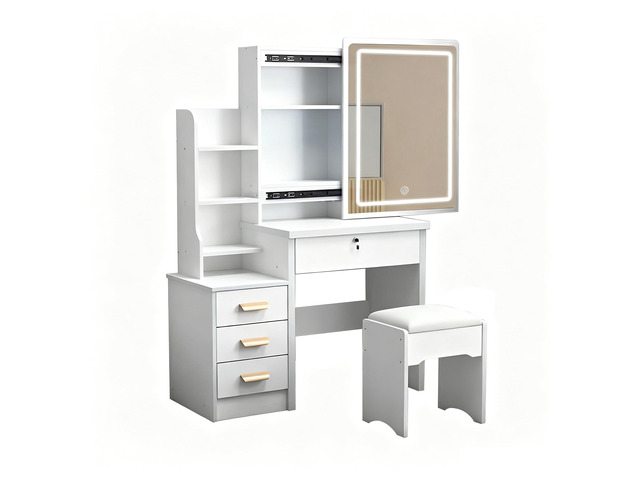 Fashion Vanity Desk with Mirror and Lights for Makeup and Chair, Vanity Mirror with Lights and Table Set with 3 Color Lighting Brightness...
