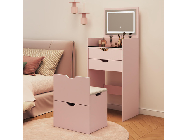 Dressing Table and Stool, 3-in-1 Multifunctional Dressing Table Set, Featuring Three-color Lighting Modes, HD Mirror, Two Sliding Drawers, and a...