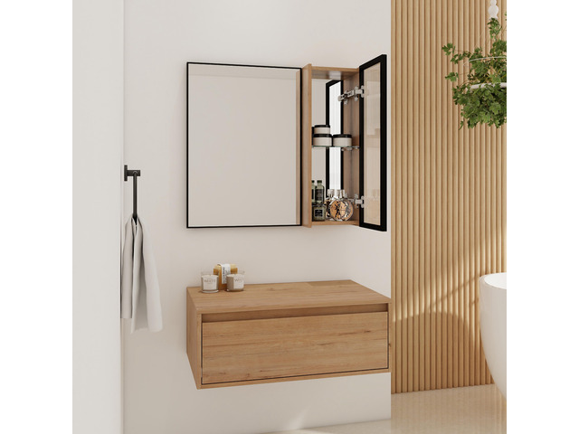 30'' Dressing Table With Mirror,Wall Mounted Mirror Cabinet with Acrylic Door, Black Aluminum Frame Mirror & Cabinet