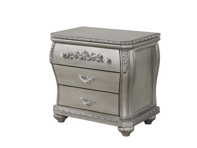 Destiny Traditional Style 3-Drawer Night Stand With Metal Drawer Pulls Made With Wood In Silver