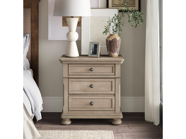Transitional Bedroom Nightstand With Hidden Drawer Wire Brushed Gray Finish Birch Veneer Wood Bed Side Table