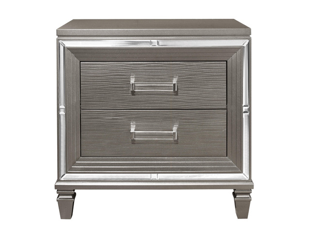 Elegant Style Silver-Gray Metallic Finish Nightstand Beveled Mirror Trim Dovetail Drawers Wooden Furniture