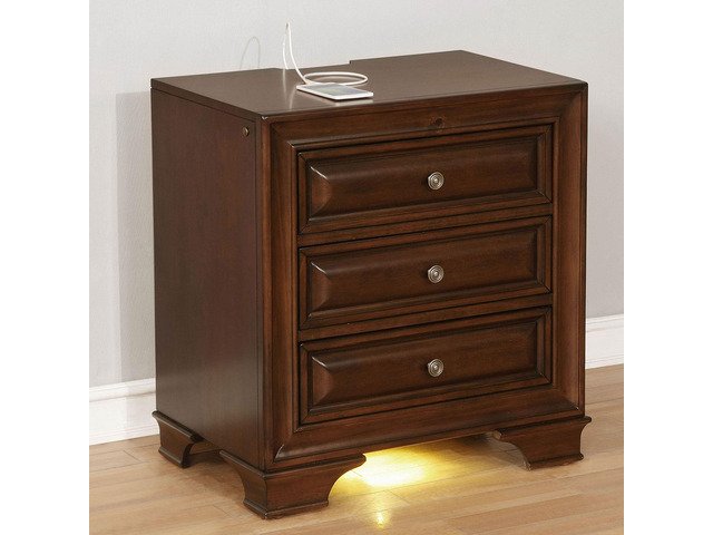 Brown Cherry Solid Wood 1Pc Nightstand Nickel Round Knob Transitional Style 3-Drawers Nightstand W Under Nightlight