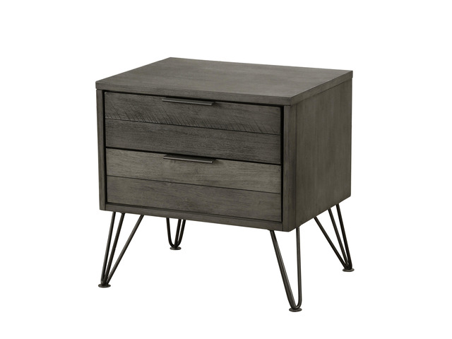 Contemporary Three-Tone Gray Finish Nightstand Perched Atop Metal Legs Acacia Veneer Modern Bedroom Furniture