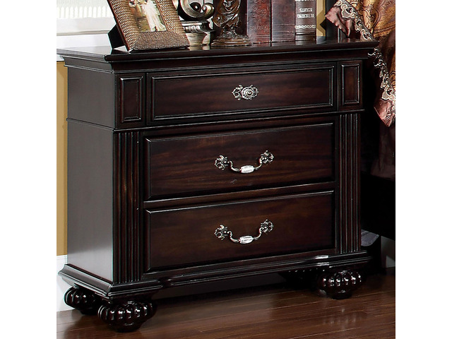1Pc Nightstand Only Traditional Dark Walnut Solid Wood 3-Drawers Ball Bearing Metal Glides Antique Brass Handles W/ Acrylic Accent Bedroom Furniture