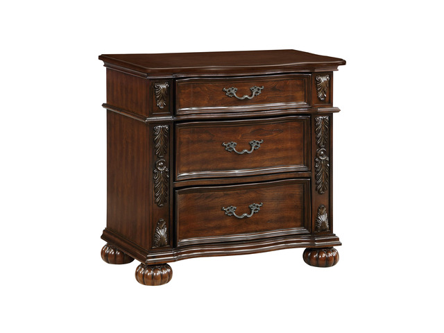 Classic Traditional Nightstand of 3 Drawers Cherry Finish Carving Wooden Bedroom Furniture 1pc