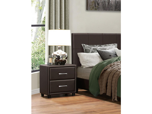 Contemporary Design 1Pc Bedroom Furniture Two Drawers Nightstand Silver Tone Bar Pulls Faux Leather Upholstery, Dark Brown Pvc