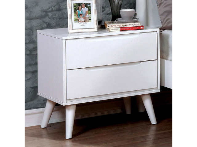Mid-Century Modern White Color 1Pc Nightstand Bedroom Furniture Solid Wood Round Tapered Legs 2-Drawers Bedside Table