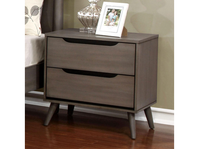 Mid-Century Modern Gray Color 1Pc Nightstand Bedroom Furniture Solid Wood Round Tapered Legs 2-Drawers Bedside Table