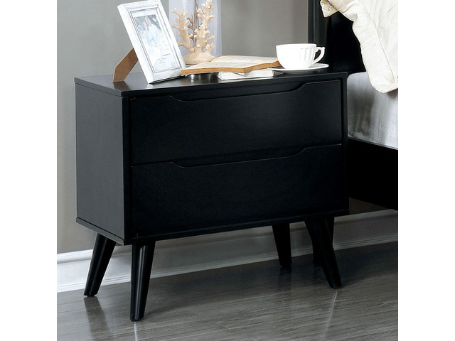 Mid-Century Modern Black Color 1Pc Nightstand Bedroom Furniture Solid Wood Round Tapered Legs 2-Drawers Bedside Table