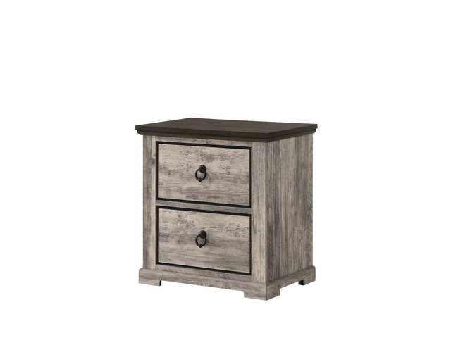 1Pc Contemporary Rustic Gray Two-Tone Finish Two Drawers Nightstand Metal Pull Knobs Wooden Bedroom Furniture