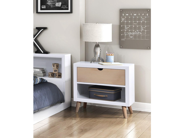 White and Natural Finish Drawer and Open Shelf Nightstand Bedroom Furniture 1pc