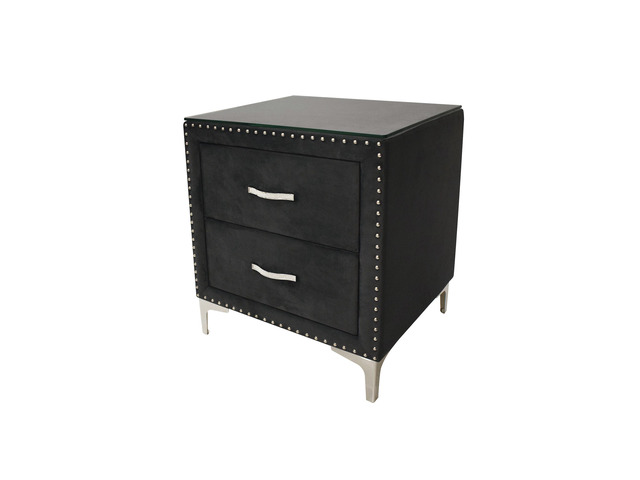 1Pc Glam Style Two Drawers Nightstand Fabric Upholstered Nailhead Tufted Tempered Glass Wood Metal Fabric Bedroom Furniture