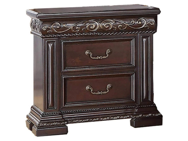 Traditional Bedroom Furniture 2 Drawer Nightstand, Solid Wood Carvings Bedside Table, Dark Cherry