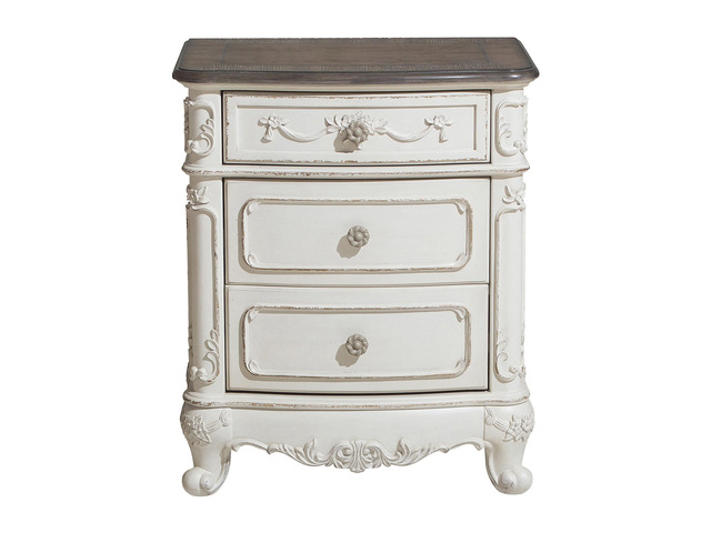 Victorian Style Antique White and Oak Finish Nightstand of 3-Drawer 1pc Carving Design Classic Traditional Bedroom Furniture