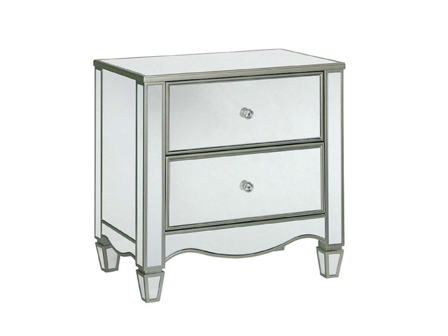 Glam Silver Finish 1Pc Nightstand Mirror Panels Ornate Accents Curved Feet Crystal Drawer Knobs Bedside Table Bedroom Furniture