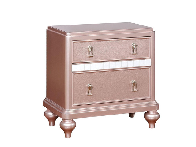 Elegant Contemporary Rose Gold 1Pc Nightstand Nickel Hanging Knob 2-Drawers Bedside Table Mirror Accent Panels