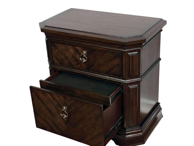 Espresso Color 1Pc Nightstand Faux Wood Carved Details Bedroom Furniture Bedside Table Bronze Ring Pulls Solidwood 2- Storage Drawers