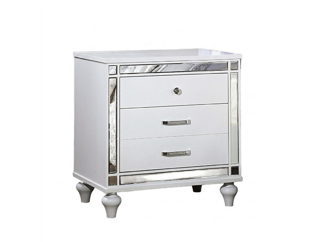 White Color 1Pc Nightstand Beautiful Crocodile-Textured Bedside Table Mirror Trim Felt-Lined Top Drawers Bedroom Furniture