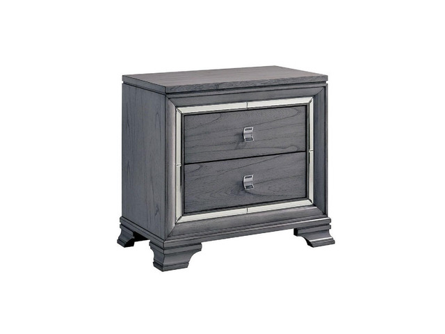 Contemporary Light Gray 1Pc Nightstand Solidwood Dovetail Drawers Bedroom Furniture Bedside Table Acrylic Pulls Mirror Trim