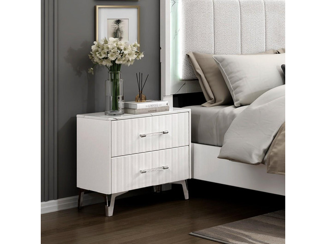 Glam White Nightstand Of 2X Storage Drawers Faux Marble Laminated Top Chrome Metal Legs Bedroom Furniture 1Pc