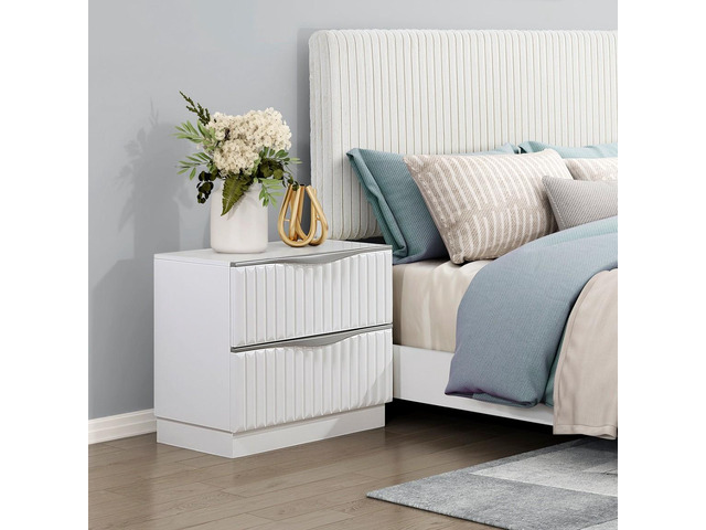 Luxurious Pearl White Finish Nightstand Of Two Drawers Textured Panel Sleek Handles Glam Bedroom Furniture 1Pc Bedside Cabinet
