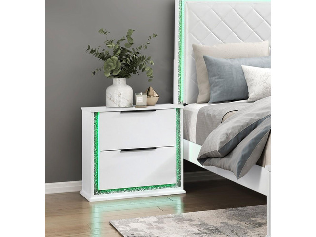 Contemporary Glam White Finish Nightstand With Two Drawers Led Light 8-Colors Bedroom Furniture 1Pc Bedside Cabinet