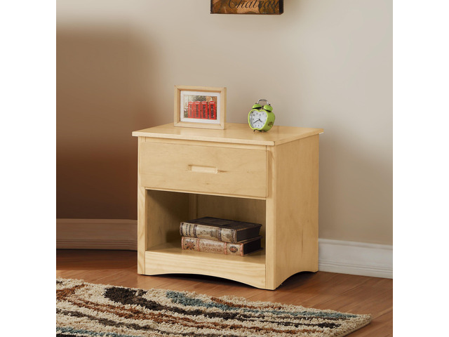 Contemporary Nightstand With Drawer Open Shelf Natural Pine Finish Wooden Bedroom Furniture 1Pc Bedside Cabinet