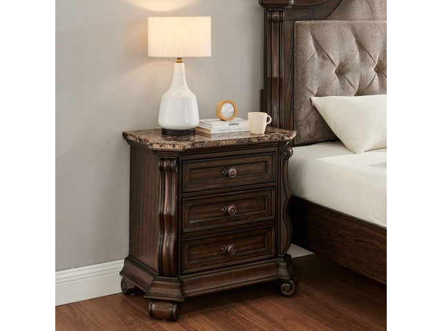 Dark Cherry Formal Traditional Nightstand With Faux Marble Top, Solid Wood Carvings 3-Drawer Bedside Table