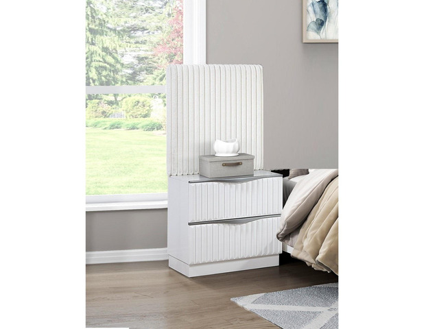 Luxurious Pearl White Finish Two Drawers Nightstand With Wall Panel Upholstery Sleek Handles Glam Bedroom Furniture 1Pc Bedside Cabinet