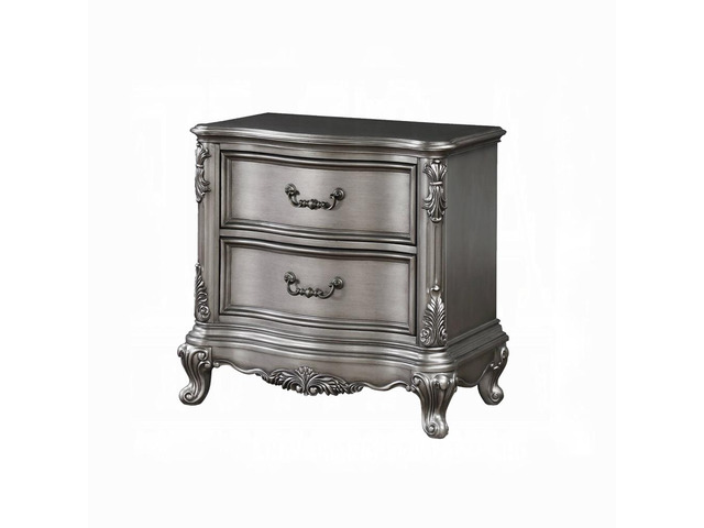 Wooden Nightstand With 2 Drawers In Antique Platinum Finish