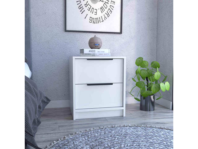 Kaia Nightstand, End Table, Side Table Two Drawers, Metal Handle -White