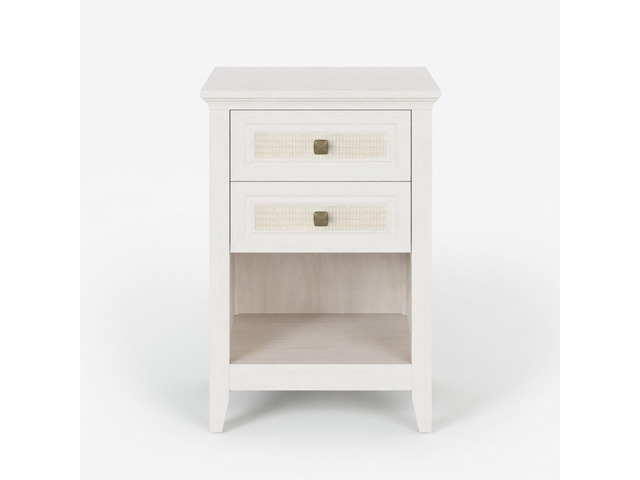 17.7' White Rattan Nightstand - Boho Bedside Table W/ 2 Drawers & Shelf
