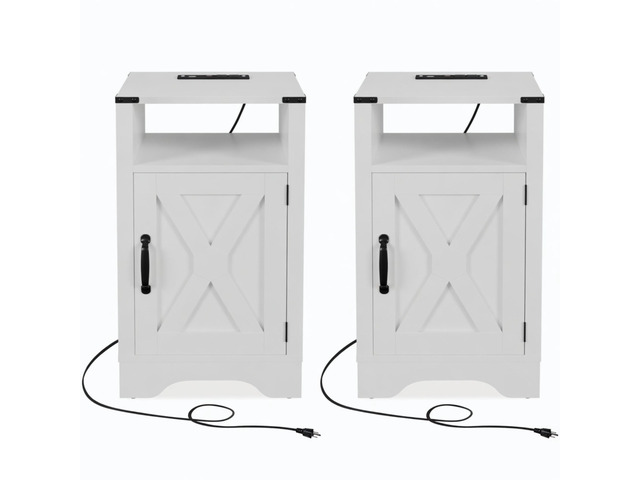 Set Of 2, 16' White Farmhouse Nightstand W/ Charging Station & Storage
