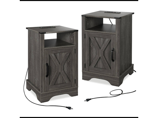 Set Of 2, 16' Dark Grey Farmhouse Nightstand W/ Charging Station & Storage