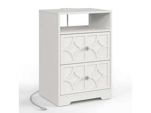 Set Of 2, 18.9 Width White Wood Nightstand With 2 Drawers & Charging Station, Diamond Carved Side Table
