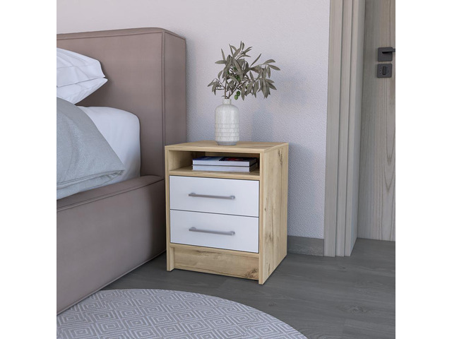 Nightstand Cartiz, Two Drawers, White / Light Oak Finish