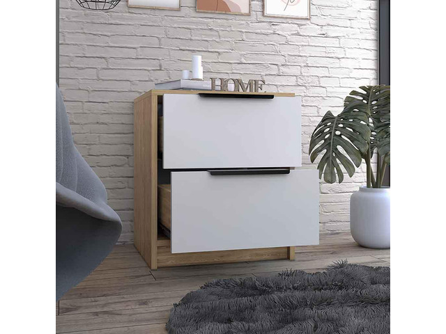Nightstand Cervants, Two Drawers, Metal Handle, White / Pine Finish